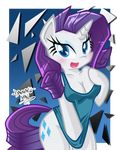  abstract_background anthro anthrofied blue_eyes bottomless breasts cleavage clothed clothing covering cutie_mark danmakuman equine eyeshadow female friendship_is_magic hair horn looking_at_viewer makeup mammal my_little_pony pulling purple_hair rarity_(mlp) shirt solo unicorn 