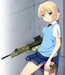  adapted_costume against_wall alternate_color assault_rifle bad_id bad_pixiv_id black_neckwear blonde_hair blue_eyes blue_skirt braid bullpup commentary darjeeling dress_shirt girls_und_panzer gun highres holding l85 leaning looking_at_viewer magazine_(weapon) miniskirt necktie nksk pleated_skirt rifle school_uniform shirt short_hair skirt solo st._gloriana's_school_uniform standing sweater_vest v-neck weapon white_shirt 