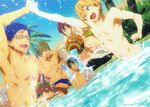  black_hair blonde_hair blue_hair blush brown_hair everyone free! glasses green_eyes hazuki_nagisa highres jug male_focus matsuoka_rin multiple_boys nanase_haruka_(free!) nude official_art one_eye_closed open_mouth partially_submerged pouring purple_eyes red_eyes red_hair ryuugazaki_rei smile soaking_feet splash_free swimming tachibana_makoto water 