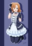  :d ;3 animal_ears black_legwear blue_eyes blush breasts brown_hair cleavage detached_collar dress frills gloves hair_ribbon kneeling kousaka_honoka kuri_youkan looking_at_viewer love_live! love_live!_school_idol_project medium_breasts no_shoes one_eye_closed one_side_up open_mouth pantyhose paw_pose ribbon short_hair signature smile solo 