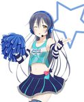  blue_hair cheerleader collarbone elbow_gloves english fingerless_gloves gloves headphones long_hair love_live! love_live!_school_idol_project microphone midriff navel one_eye_closed open_mouth pom_poms roaru_(gyuren) simple_background skirt solo sonoda_umi star striped striped_gloves striped_legwear takaramonozu thighhighs white_background yellow_eyes 