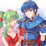  1boy 1girl awayuki_ramika belt blue_eyes blue_hair blush breasts cape chiki cleavage closed_mouth eyes_closed fire_emblem fire_emblem:_kakusei fire_emblem:_monshou_no_nazo fire_emblem_heroes gloves green_hair hair_ribbon hand_on_another&#039;s_head long_hair looking_to_the_side mamkute marth medium_breasts nintendo open_mouth pointy_ears ponytail red_gloves ribbon short_hair short_sleeves smile tearing_up tiara 