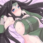  akali areola_slip areolae bare_shoulders black_hair blue_eyes breasts large_breasts league_of_legends long_hair looking_at_viewer lying mizunaka naked_tabard on_back solo sweat tabard wavy_mouth 
