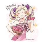  1girl artist_name blonde_hair bow bucket buttons chocojax dress elise_(fire_emblem_if) eyes_closed fire_emblem fire_emblem_heroes fire_emblem_if grin hair_bow long_hair multicolored_hair nintendo pink_dress purple_hair smile solo twintails wooden_bucket 