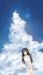  absurdres arms_behind_back black_hair brown_eyes cloud collarbone day dress hair_between_eyes hanjuku_mikan highres long_hair looking_at_viewer off_shoulder original see-through_silhouette sky smile solo white_dress 