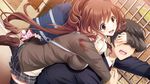  1girl backpack bag black_legwear brown_eyes brown_hair covering_eyes game_cg grabbing grabbing_from_behind guess_who kajiya_ayano kissbell leg_lift long_sleeves mikoto_akemi official_art open_mouth plaid pleated_skirt skirt thighhighs 