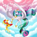  avian cloud crown cutie_mark duo equine female flying friendship_is_magic gold hair horn mammal multi-colored_hair my_little_pony necklace outside philomena_(mlp) phoenix princess_celestia_(mlp) purple_eyes sky sparkles stars sun swanlullaby winged_unicorn wings 