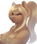  blonde_hair breasts brown_eyes brown_fur bust female fur grey_nose hair kanel lips long_hair looking_away nipples nude plain_background solo unknown_species white_background 