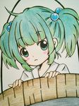  :&lt; ahoge bad_id bad_pixiv_id blush bucket colored_pencil_(medium) frown green_eyes green_hair grey_background hair_bobbles hair_ornament highres in_bucket in_container kisume looking_at_viewer meme-tan_(bana_nan26) short_hair simple_background solo touhou traditional_media twintails upper_body wooden_bucket 