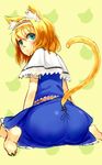  alice_margatroid animal_ears ass barefoot blonde_hair blue_eyes blush capelet cat_ears cat_tail dress hairband highres kemonomimi_mode nishiuri short_hair sitting solo tail touhou wariza 