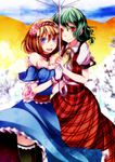  adapted_costume alice_margatroid arm_around_shoulder ascot bad_id bad_pixiv_id black_legwear blonde_hair blue_dress blue_eyes breasts choker cleavage dress flower gloves green_hair hair_flower hair_ornament hairband highres holding holding_umbrella kazami_yuuka lolita_hairband looking_at_viewer multiple_girls open_clothes open_mouth open_vest parasol puffy_sleeves red_eyes s-syogo sash shared_umbrella shirt short_sleeves skirt skirt_set small_breasts smile strapless strapless_dress thighhighs touhou umbrella vest white_gloves wind wind_lift zettai_ryouiki 