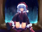  black_legwear blue_hair hat looking_at_viewer mouth_hold original panties santa_hat thighhighs underwear white_panties yamamoto_(kirisamemario) 