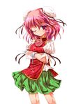  alphes_(style) bandages bun_cover chain chinese_clothes crossed_arms cuffs double_bun flower highres ibaraki_kasen one_eye_closed parody pink_eyes pink_hair rose short_hair simple_background skirt smile solo style_parody tabard touhou u2_(5798239) white_background 