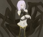  arachne bad_id bad_pixiv_id breasts carapace detached_sleeves eichan_(eichanidfi) extra_eyes hair_over_one_eye highres insect_girl large_breasts monster_girl monster_musume_no_iru_nichijou navel no_pupils pelvic_curtain rachnera_arachnera red_eyes short_hair smile solo spider_girl underboob 