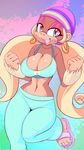  big_breasts blonde_hair blue_eyes breasts brown_fur cleavage clothed clothing ear_piercing female fur hair hat long_hair looking_at_viewer makeup mammal monkey navel pants piercing pigtails primate sandals shirt sif smile solo standing thick_thighs thighs tiny_kong white_fur 