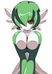 1girl between_breasts breasts cleavage collarbone dress gardevoir green_hair hair_over_one_eye hips legs narura navel nintendo no_humans pokemon red_eyes shiny shiny_skin smile solo 