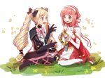  2girls black_bow black_gloves blonde_hair bow ddomy_pangin dress earrings elise_(fire_emblem_if) fire_emblem fire_emblem_if gloves grass hair_bow hairband highres jewelry long_hair multicolored_hair multiple_girls nintendo open_mouth petals pink_bow pink_hair purple_eyes purple_hair sakura_(fire_emblem_if) short_hair sitting twintails wreath 