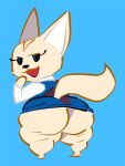  aggressive_retsuko anthro big_butt black_eyes blue_background butt canid canine clothed clothing digital_media_(artwork) eyelashes female fennec fenneko fox fully_clothed fur half-closed_eyes huge_butt looking_at_viewer looking_back mammal nondelismell open_mouth overweight overweight_female raised_skirt rear_view sanrio short_stack simple_background solo standing tan_fur thick_thighs wide_hips 