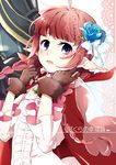  1girl :d ahoge bad_id bad_pixiv_id bangs blue_flower blue_rose blunt_bangs blush bow bowtie braid brooch brown_gloves cape cover cover_page doujin_cover dragon_girl dress fire_emblem fire_emblem:_kakusei flower frills gloves guttary hair_flower hair_ornament holding jerome_(fire_emblem) jewelry long_sleeves mamkute nn_(fire_emblem) open_mouth pointy_ears purple_eyes red_hair rose smile twin_braids veil 