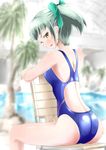  ass back_cutout bad_id bad_pixiv_id bangs bow brown_eyes competition_swimsuit from_behind green_hair hair_bow houming kantai_collection looking_at_viewer one-piece_swimsuit ponytail short_hair sitting swimsuit yuubari_(kantai_collection) 