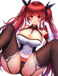  1girl azur_lane bare_shoulders black_legwear black_panties blush breasts cameltoe cleavage collar dress dutch_angle elbow_gloves eyebrows_visible_through_hair garter_straps gloves hair_ribbon hand_on_own_cheek highres honolulu_(azur_lane) large_breasts long_hair looking_at_viewer panties red_eyes red_hair ribbon rothy_(user_cezn8425) short_dress simple_background sitting solo spread_legs thighhighs twintails underwear white_background white_gloves 