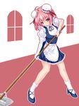  alternate_costume apron bandages bun_cover chain commentary_request cosplay cuffs double_bun full_body highres ibaraki_kasen izayoi_sakuya izayoi_sakuya_(cosplay) maid maid_apron mary_janes mop pink_eyes pink_hair ribbon shoes short_hair simple_background solo touhou u2_(5798239) window 