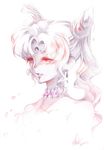 2013 bangs bare_shoulders bishoujo_senshi_sailor_moon black_lady chibi_usa choker colored_pencil_(medium) crescent_moon dated double_bun earrings facial_mark forehead_mark highres jewelry long_hair monochrome moon nashi_juni older parted_bangs parted_lips signature solo traditional_media upper_body 