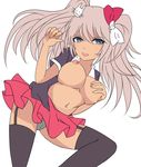  1girl artist_request bangs black_legwear blue_eyes bow breast_hold breast_suppress breasts cat_hair_ornament danganronpa danganronpa_1 enoshima_junko female garter_straps grey_hair grey_panties hair_between_eyes hair_bow hair_ornament hands legs legs_bent long_hair looking_at_viewer miniskirt navel nipples no_bra open_clothes open_mouth open_shirt panties pantyshot shadow shirt short_sleeves simple_background skirt solo standing thighhighs twintails underwear upskirt white_background 