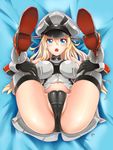  ass bismarck_(kantai_collection) blonde_hair blue_eyes breasts cameltoe covered_nipples grey_legwear hat highres kantai_collection knees_on_chest large_breasts long_hair looking_at_viewer lying on_back open_mouth partially_visible_vulva phandit_thirathon solo thighhighs 