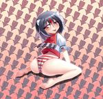  ass bad_id bad_pixiv_id barefoot black_hair blush blush_stickers capelet directional_arrow full_body horns kijin_seija looking_at_viewer looking_back multicolored_hair outline panties patterned_background puffy_short_sleeves puffy_sleeves red_eyes red_hair short_sleeves sitting solo streaked_hair striped striped_panties tongue tongue_out touhou underwear wariza white_hair white_outline z.o.b 