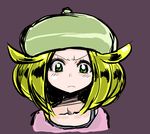  1girl :&lt; ahoge artist_request bel_(pokemon) blonde_hair female frown green_eyes hat pokemon pokemon_(game) pokemon_bw purple_background short_hair simple_background solo 