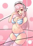  anko_jamu bare_shoulders bikini blush breasts cleavage hand_on_own_chest hand_on_own_head headphones large_breasts long_hair looking_at_viewer navel nitroplus open_mouth pink_eyes pink_hair skindentation smile solo striped striped_bikini super_sonico swimsuit thighhighs 