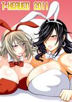  2girls amamiya_tsubaki black_hair blush breasts brown_hair bunnysuit cleavage god_eater huge_breasts lips multiple_girls shiny shiny_skin sweat t-heaven 