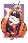  4_toes anthro belly big_belly canid canine clothed clothing female fur hair lavenderpandy looking_at_viewer mammal one_eye_closed simple_background slightly_chubby smile solo standing toes 