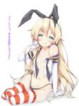  :q arm_support blonde_hair blue_eyes blush elbow_gloves gloves hair_ribbon kantai_collection long_hair looking_at_viewer naughty_face navel off_shoulder open_mouth ribbon shadow shimakaze_(kantai_collection) shirt sitting smile solo striped striped_legwear thighhighs tongue tongue_out translation_request very_long_hair white_background white_gloves yukinon_(tsuki_koubou) 