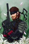  beard big_boss blue_eyes brown_hair earpiece eyepatch facial_hair flower gloves gun handgun headband highres m1911 male_focus metal_gear_(series) mustache ohtsuka_chikao petals solo starxade suppressor throat_microphone traditional_media trigger_discipline watercolor_(medium) weapon 