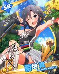  antenna_hair armpits artist_request beamed_eighth_notes black_eyes black_hair card_(medium) character_name character_signature fingerless_gloves gloves idolmaster idolmaster_(classic) idolmaster_million_live! jpeg_artifacts kikuchi_makoto microphone microphone_stand musical_note official_art one_eye_closed short_hair solo trophy 