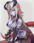  alisfieze_fateburn_xvi ass bangs blush bow breast_tattoo breasts cleavage earrings elbow_gloves flower gloves grey_hair hair_flower hair_ornament horns jewelry lamia large_breasts long_hair looking_at_viewer mon-musu_quest! monster_girl plant pointy_ears purple_skin ribbon shiny shiny_skin sidelocks signature smile solo tail tail_bow tail_ribbon tattoo vines walzrj yellow_eyes 