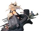  ahoge aircraft airplane artist_name black_gloves black_legwear blockhead_bh blonde_hair breasts dark_skin english fairy_(kantai_collection) fingerless_gloves glasses gloves goggles goggles_on_head headgear kantai_collection large_breasts long_hair looking_at_viewer miniature musashi_(kantai_collection) pilot pointy_hair red_eyes rimless_eyewear sarashi seaplane semi-rimless_eyewear shiny shiny_skin simple_background smile thighhighs twintails type_0_observation_seaplane under-rim_eyewear white_background 