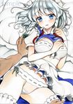  arm_support bed_sheet blue_eyes bra braid breasts bustier clothes_removed frills hair_ribbon hand_on_own_chest izayoi_sakuya large_breasts lingerie looking_at_viewer lying maid maid_headdress mugicha_(mugicha0929) on_back panties parted_lips puffy_short_sleeves puffy_sleeves ribbon short_hair short_sleeves silver_hair skirt skirt_lift skirt_set solo spread_legs thighhighs touhou tress_ribbon twin_braids underwear 