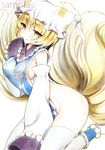  animal_ears arm_support armpits blonde_hair breasts cat_ears covered_nipples detached_sleeves fox_ears fox_tail hand_to_own_mouth hat kneeling large_breasts looking_at_viewer mugicha_(mugicha0929) multiple_tails naked_tabard sample short_hair sideboob smile solo tabard tail thighhighs thighs touhou wide_sleeves yakumo_ran yellow_eyes 
