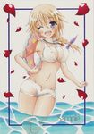  bikini_top blonde_hair breasts charlotte_dunois cleavage covered_nipples halterneck infinite_stratos innertube large_breasts long_hair munmu navel one_eye_closed open_fly open_mouth purple_eyes sample shiny shiny_skin short_shorts shorts skindentation smile thigh_gap traditional_media unzipped wading water 