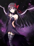  akemi_homura akuma_homura argyle argyle_legwear bangs bare_shoulders black_dress black_gloves black_hair black_wings bow breasts dress elbow_gloves eyebrows_visible_through_hair gloves hair_bow highres long_hair looking_at_viewer mahou_shoujo_madoka_magica mahou_shoujo_madoka_magica_movie purple_eyes revealing_clothes side_cutout small_breasts solo space spoilers strapless strapless_dress thighhighs tucana very_long_hair wings zettai_ryouiki 
