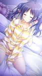  1girl 3-nin_iru! bed bell blush collarbone eyes_closed game_cg nakase_nagisa pajamas purple_hair striped striped_pajamas suzui_narumi twintails 
