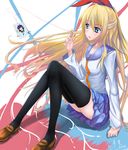  1girl black_legwear blonde_hair blue_eyes hair_ribbon highres ichijou_raku kirisaki_chitoge long_hair long_legs long_sleeves necktie nisekoi photo_(object) realdragon red_string ribbon school_uniform sitting string thighhighs 