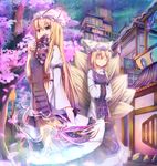  absurdres architecture blonde_hair bow breasts cherry_blossoms closed_eyes covered_mouth dress fan fox_tail frilled_dress frills gap hair_bow hands_in_opposite_sleeves hat hat_ribbon highres holding japanese_clothes kitsune long_hair long_sleeves looking_at_viewer medium_breasts multiple_girls multiple_tails ofuda petals purple_eyes red_bow red_ribbon ribbon seneto short_hair small_breasts tail touhou yakumo_ran yakumo_yukari 
