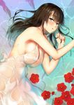  absurdres aqua_eyes bare_shoulders blush breasts brown_hair cleavage dress flower hareno_chiame highres large_breasts long_hair looking_at_viewer lying mole mole_under_eye on_side original parted_lips scan see-through smile solo source_request water wet wet_clothes white_dress 