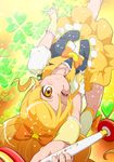  ashita_no_nadja blonde_hair boots bow bowtie brooch clover cure_honey four-leaf_clover frills hair_bow happinesscharge_precure! jewelry knee_boots leaning_back leg_up long_hair magical_girl one_eye_closed oomori_yuuko orange_background parody precure skirt smile solo tj-type1 upside-down wand wide_ponytail yellow_eyes yellow_skirt 