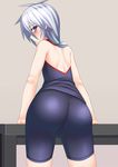  1girl ass back bare_shoulders bike_shorts blue_eyes blush from_behind leaning leaning_forward long_hair looking_back looking_over_shoulder meian original ponytail silver_hair 