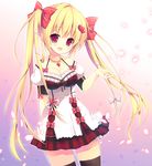  :d bangs black_legwear blonde_hair bow breasts cleavage cowboy_shot dress frills gradient gradient_background hair_bow hair_ornament hair_ribbon hairclip heart heart_hair_ornament heart_necklace highres izumiyuhina jewelry long_hair medium_breasts necklace open_mouth original petals plaid puffy_short_sleeves puffy_sleeves red_bow red_eyes ribbon short_dress short_sleeves smile solo thighhighs twintails underbust very_long_hair zettai_ryouiki 